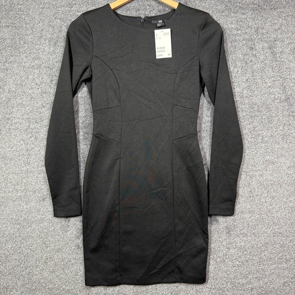 H&M‎ Dress Womens XS Black Long Sleeve Bodycon Mini Dress Structured Seams *NWT*